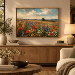 High Summer framed wall art in a warm neutral living room