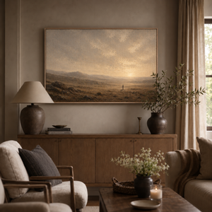 Homeward framed wall art in a warm neutral living room