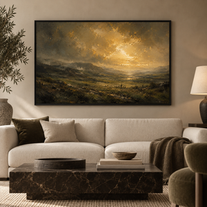 Into The Valley framed wall art in a black frame in a modern living room