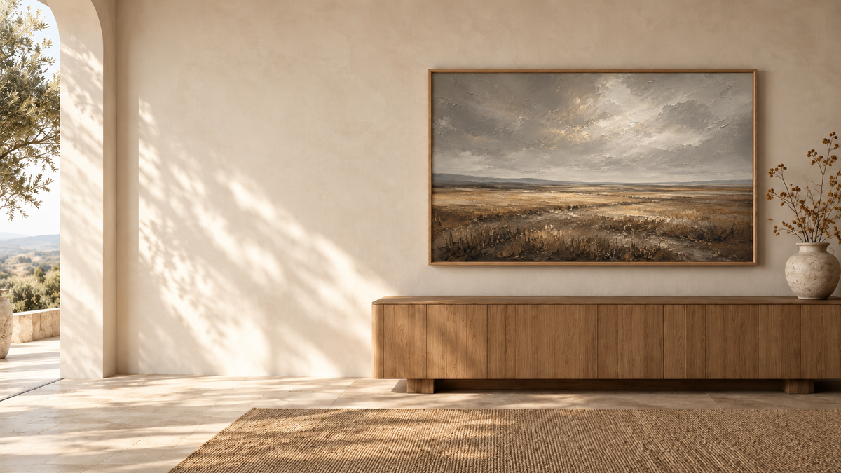 Quiet Landscapes, muted horizon framed wall art in a living room