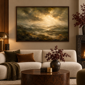 Light Beyond framed wall art in a dark wood frame above a living room sofa