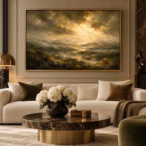 Light Beyond framed wall art in an antiqued gold frame in a neutral living room