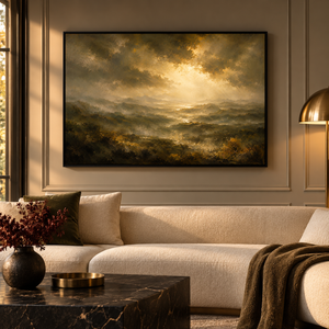 Light Beyond framed wall art in a black frame in a modern living room