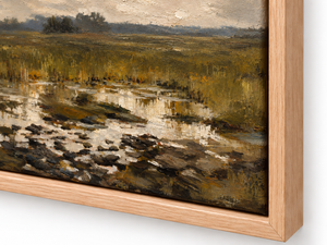 Close-up of the frame corner and canvas edge on Lowland
