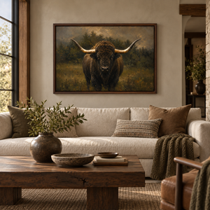 Midnight Prairie framed wall art in a dark wood frame above a living room sofa