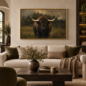 Midnight Prairie framed wall art in an antiqued gold frame in a neutral living room