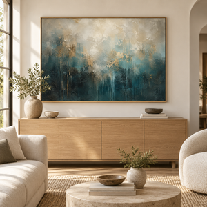 Mineral Divide framed wall art hanging above a sofa in a living room