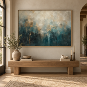 Mineral Divide framed wall art in an entryway above a console table