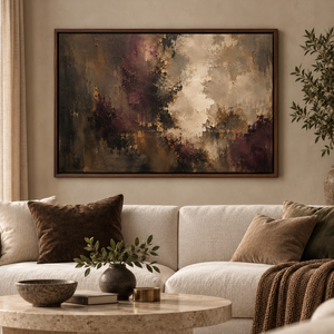 October Nocturne framed wall art in a dark wood frame above a living room sofa