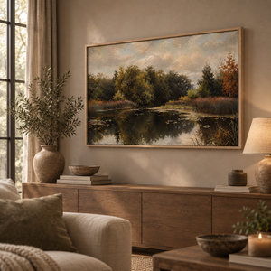 October Water framed wall art hanging above a sofa in a living room