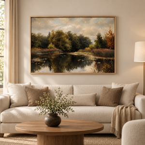 October Water framed canvas viewed from the side, showing frame depth