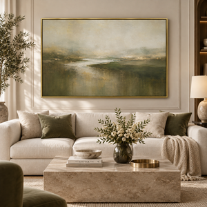 Olive Ground framed wall art in an antiqued gold frame in a neutral living room