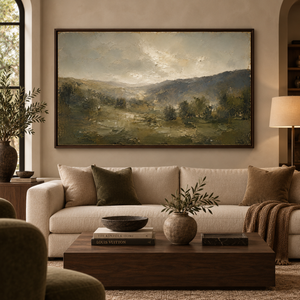 Olive Valley framed wall art in a dark wood frame above a living room sofa