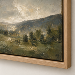 Close-up of the frame corner and canvas edge on Olive Valley