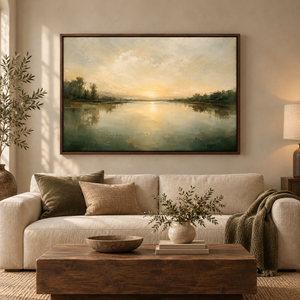 Open Water framed wall art in a dark wood frame above a living room sofa