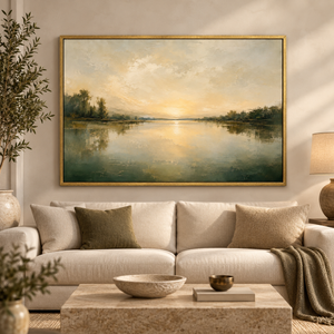 Open Water framed wall art in an antiqued gold frame in a neutral living room