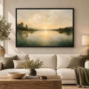 Open Water framed wall art in a black frame in a modern living room