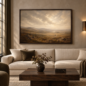Pastures Beyond framed wall art in a dark wood frame above a living room sofa