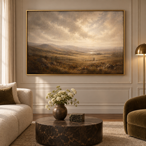 Pastures Beyond framed wall art in an antiqued gold frame in a neutral living room