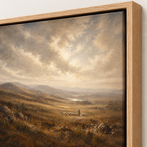 Close-up of the frame corner and canvas edge on Pastures Beyond