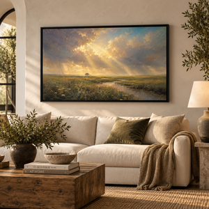 Prairie After the Storm framed wall art in a black frame in a modern living room