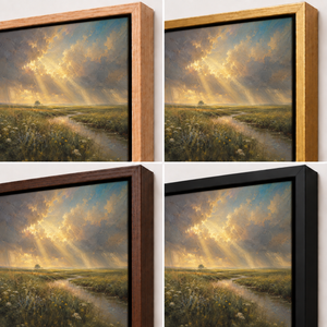 Frame finish options for Prairie After the Storm: natural oak, walnut, black, antiqued gold and silver