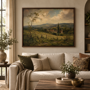 Quiet Country framed wall art in a dark wood frame above a living room sofa