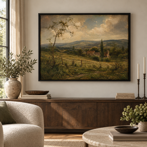 Quiet Country framed wall art in an antiqued gold frame in a neutral living room