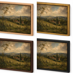 Frame finish options for Quiet Country: natural oak, walnut, black, antiqued gold and silver