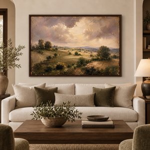 Rolling Country framed wall art in a dark wood frame above a living room sofa