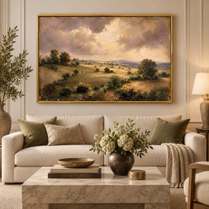 Rolling Country framed wall art in an antiqued gold frame in a neutral living room