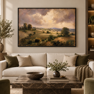Rolling Country framed wall art in a black frame in a modern living room