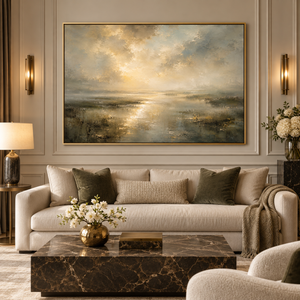 Sage & Still framed wall art in an antiqued gold frame in a neutral living room