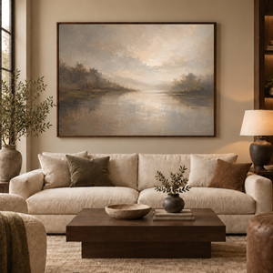 Silver Stillness framed wall art in a dark wood frame above a living room sofa