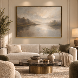 Silver Stillness framed wall art in an antiqued gold frame in a neutral living room