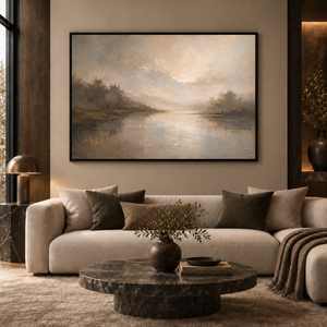 Silver Stillness framed wall art in a black frame in a modern living room