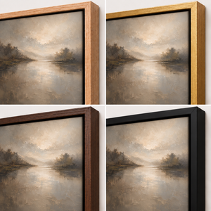 Frame finish options for Silver Stillness: natural oak, walnut, black, antiqued gold and silver
