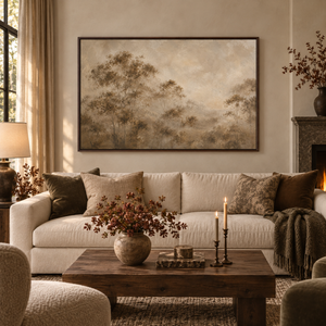 Softwood framed wall art hanging above a sofa in a living room