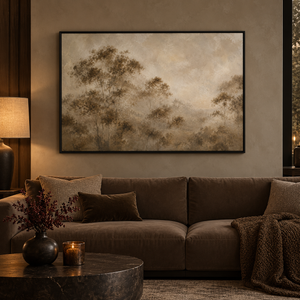 Softwood framed wall art in a warm neutral living room