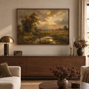 Still He Leads framed wall art above a living room console table
