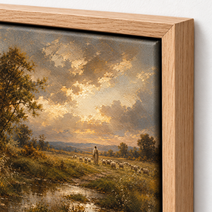 Close-up of the frame corner and canvas edge on Still He Leads