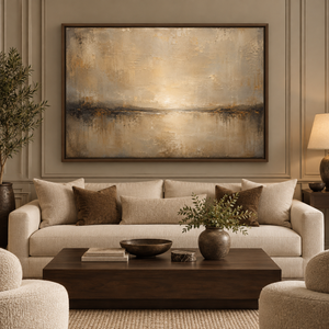 Still Horizon framed wall art in a dark wood frame above a living room sofa