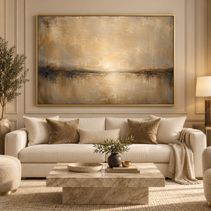 Still Horizon framed wall art in an antiqued gold frame in a neutral living room
