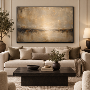 Still Horizon framed wall art in a black frame in a modern living room