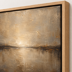 Close-up of the frame corner and canvas edge on Still Horizon