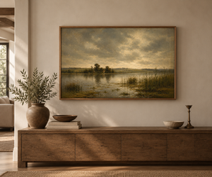 Stillwater framed wall art above a console table, side view