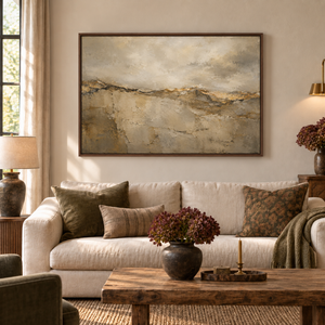 Stone & Light framed wall art hanging above a sofa in a living room