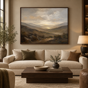 Stone Valley framed wall art in a dark wood frame above a living room sofa
