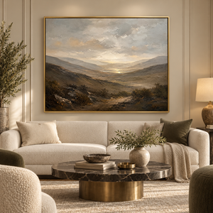 Stone Valley framed wall art in an antiqued gold frame in a neutral living room