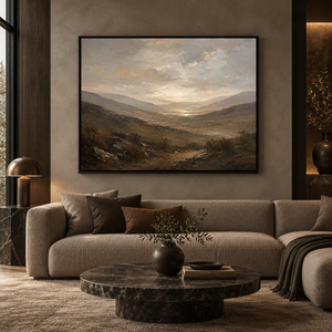 Stone Valley framed wall art in a black frame in a modern living room